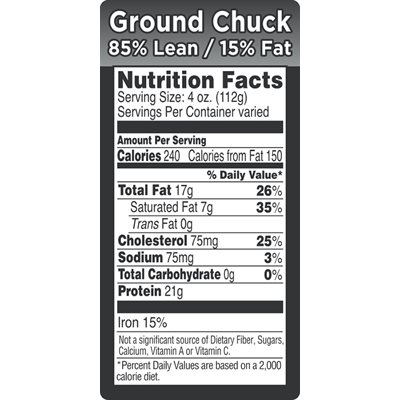 Ground Chuck-85% Lean / 15% Fat Label