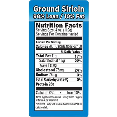 Ground Sirloin 90% Lean / 10% Fat Label