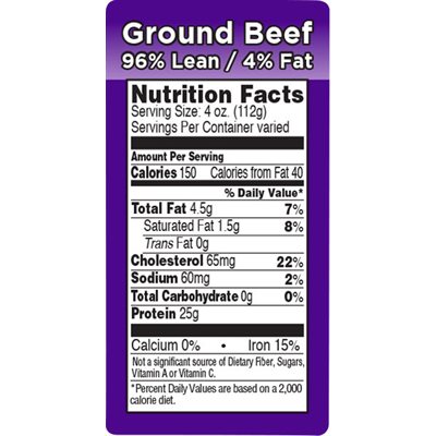 Ground Beef 96% Lean / 4% Fat Label