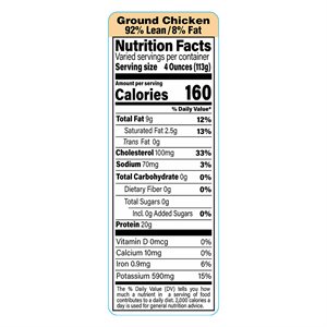 Ground Chicken-92% Lean / 8% Fat Label