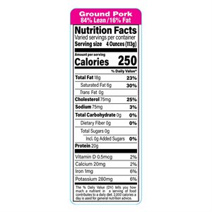 Ground Pork-84% Lean / 16% Fat Label