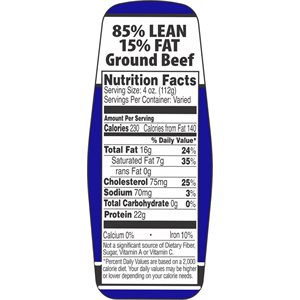 Ground Beef 85% / 15% w / nutritional Fact Label