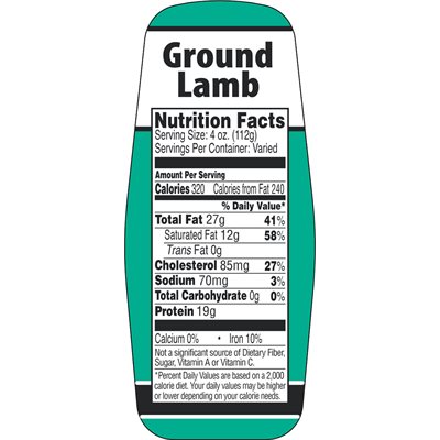 Ground Lamb w / nutritional Fact Label